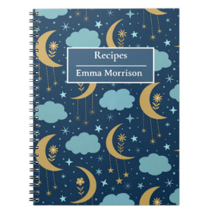 Carnet Recette Personnalisée Fleurie Bohème Lune Dorée 
