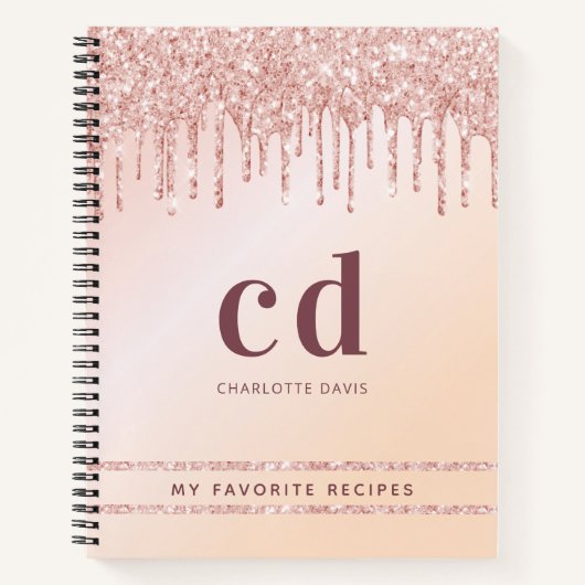 Carnet Recette rose or rose parties scintillant monogramm (Devant)