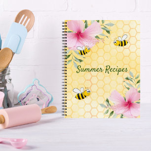 Carnet Recettes abeilles jaune nid d'abeille fleurs roses