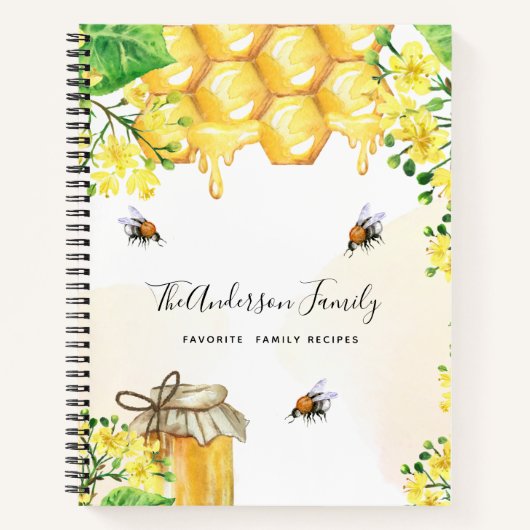 Carnet Recettes abeilles miel fleurs jaunes monogramme (Devant)