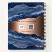 Carnet Recettes bleu agate marbre rose or nom script (Dos)