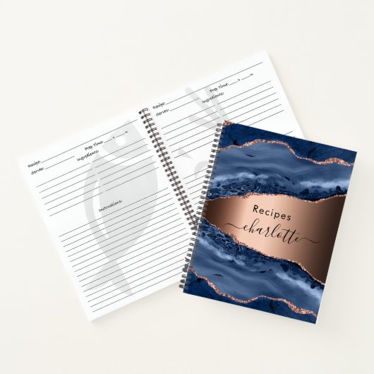 Carnet Recettes bleu agate marbre rose or nom script (Intérieur)