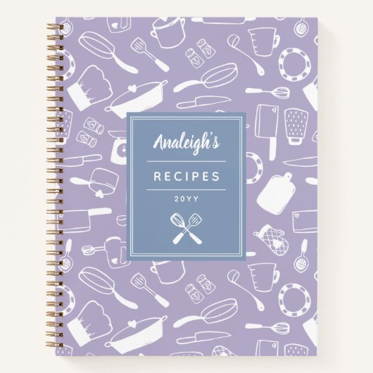 Carnet Recettes de cuisine bleu violet blanc dessinées à  (Devant)