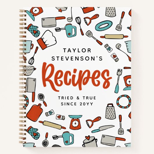 Carnet Recettes d'ustensiles de Cuisine rouge Turquoise (Devant)