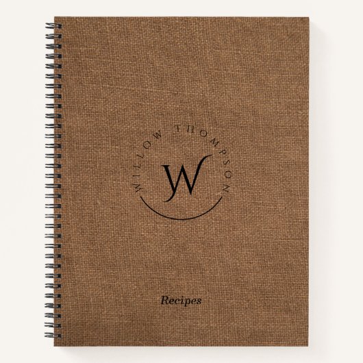 Carnet Recettes Élégantes de lin Brown rustique monogramm (Devant)