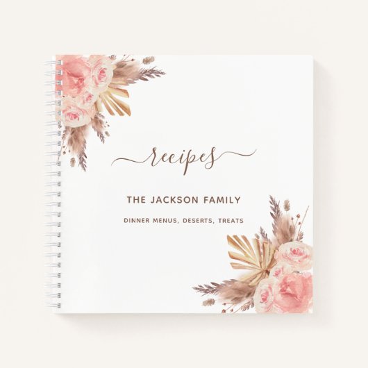 Carnet Recettes pampas herbe blush rose fleuri famille (Devant)