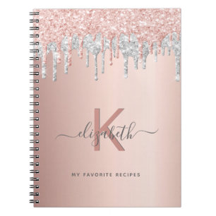 Carnet Recipes cookbook monogram glitter rose gold silver