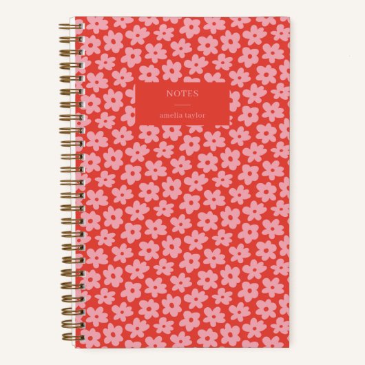 Carnet Red Pink Retro Daisy Pattern Personalized Name (Recto)