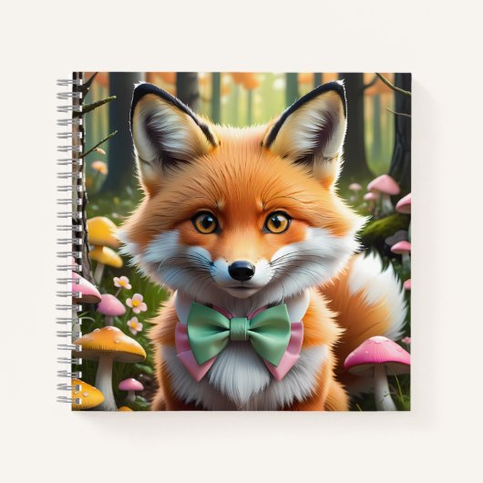 Carnet Renard mignon avec un nœud vert et rose (Devant)