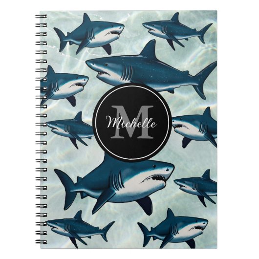 Carnet Requin élégant bleu blanc Monogramme personnalisé  (Devant)