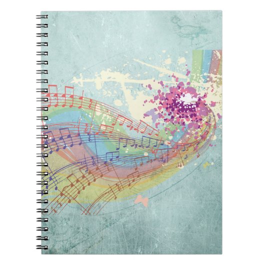 Carnet Retro Arc en ciel et notes musicales sur une textu (Devant)