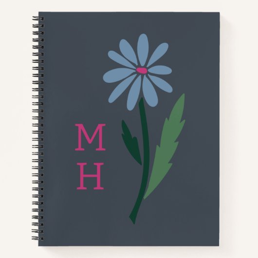 Carnet Retro Blue Floral Pink Monogram Slate Gray (Devant)