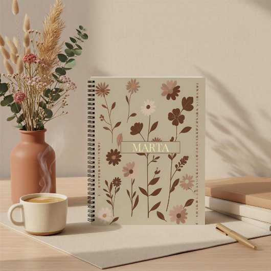 Carnet Rétro Boho Floral Nom Personnalisé