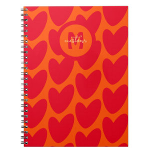 Carnet Retro Orange Super Red Hearts Nom sur Monogramme
