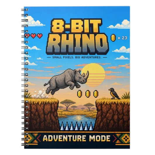 Carnet Rhinocéros, Pixel Art Rétro 8 Bits (Devant)