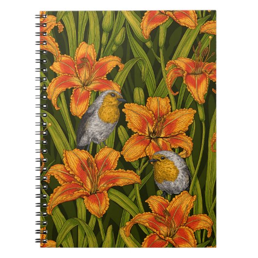 Carnet Robins et fleurs de lys, orange et vert foncé (Devant)