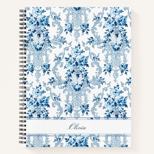 Carnet Rococo Français Personnalisé Bleu & Blanc Floral N (Devant)