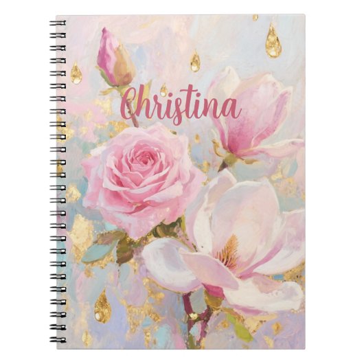 Carnet Romantic Pink Rose and Manoglias, painting style  (Devant)
