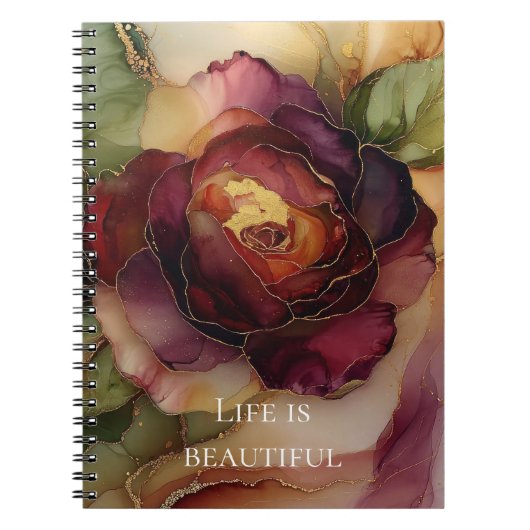 Carnet Romantique Chic Rose Rouge Bourgogne Or Floral (Devant)