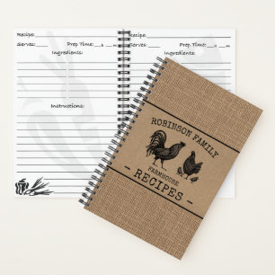 Carnet Rooster Hen Family Farmhouse Burlap Craft Recette