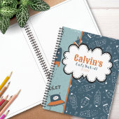 Carnet Roquettes de Doodle dans l'espace bleu Motif Nom c