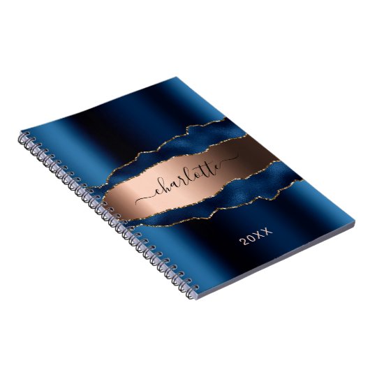 Carnet Rose bleu or métal agate marbre nom script (Côté Droit)