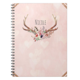 Carnet Rose Blush Rose Floral Cerf Bois Boho Chic