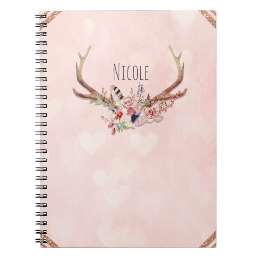 Carnet Rose Blush Rose Floral Cerf Bois Boho Chic (Devant)