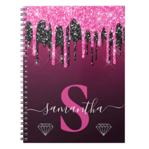 Carnet Rose Chaud & Noir Paillettes qui Coulent Monogramm