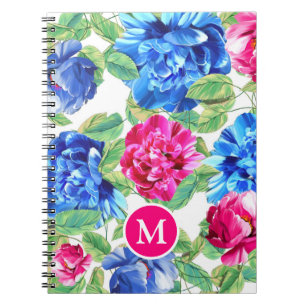 Carnet Rose Clair et Bleu Floral Joliment Monogrammé