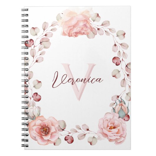 Carnet Rose d'aquarelle Wreath personnalisée | BLANCHE (Devant)