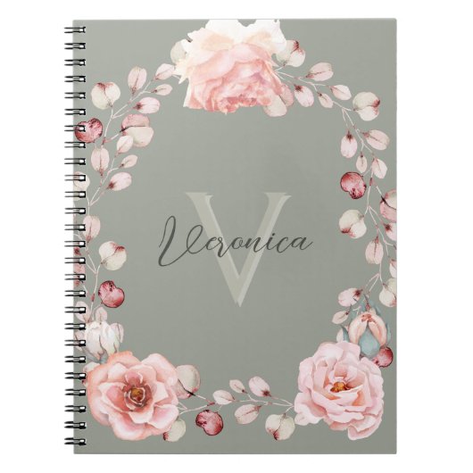 Carnet Rose d'aquarelle Wreath personnalisée | Vert sage (Devant)