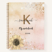 Carnet Rose de tournesol parties scintillant or nom monog (Devant)