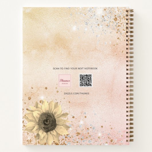Carnet Rose de tournesol parties scintillant or nom monog (Dos)