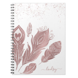 Carnet Rose Élégante Faux Paillettes Plume Personnalisée