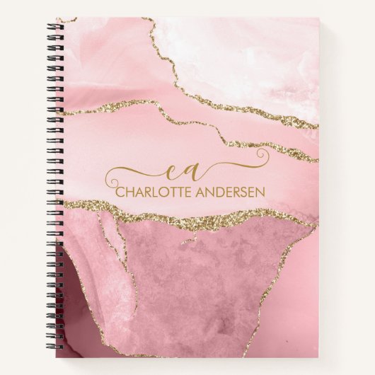 Carnet Rose en marbre Parties scintillant or Script Monog (Devant)