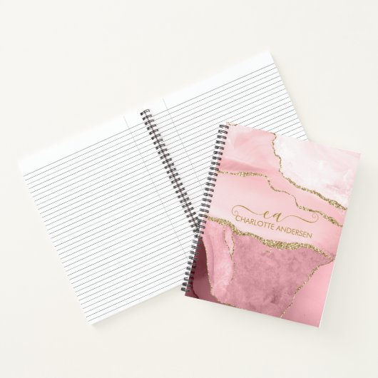 Carnet Rose en marbre Parties scintillant or Script Monog (Intérieur)