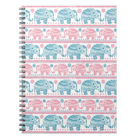 Carnet Rose et motif ethnique turquoise d'éléphant (Devant)