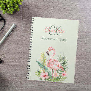 Carnet Rose flamingo tropical monogramme vert