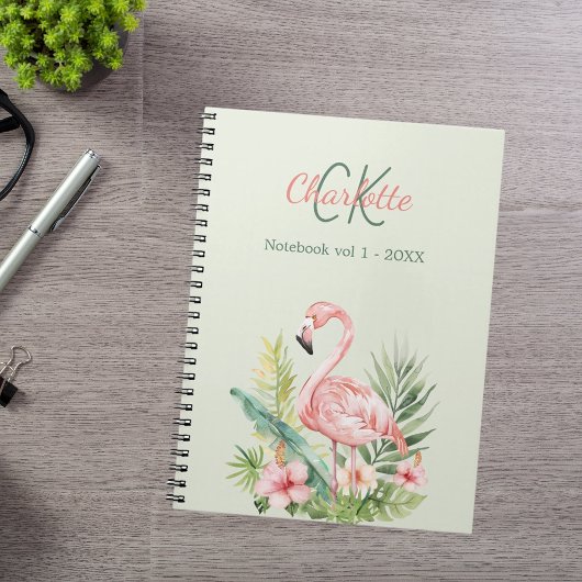 Carnet Rose flamingo tropical monogramme vert
