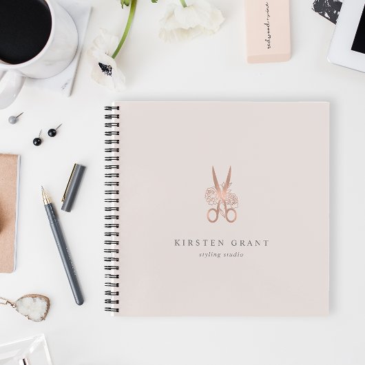 Carnet Rose Gold Floral Ciseaux Salon Logo