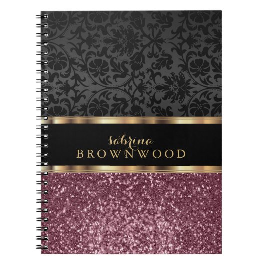 Carnet Rose Gold Glitter and Black Damask  (Devant)