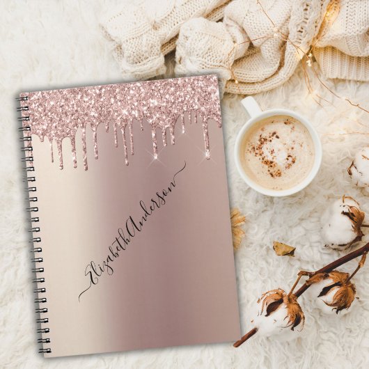 Carnet Rose Gold Glitter Drips Monogram Nom Tendance Fémi