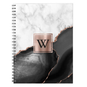 Carnet Rose Gold Noir Agate Marbre Blanc Monogramme