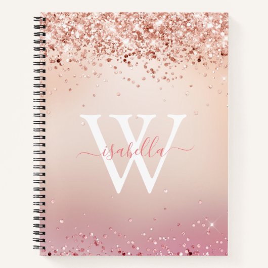 Carnet Rose Gold Pailleté Élégant Nom Script Monogrammé (Devant)