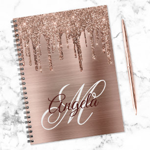 Carnet Rose Gold Pailleté Feuille Drip Monogramme Fantais