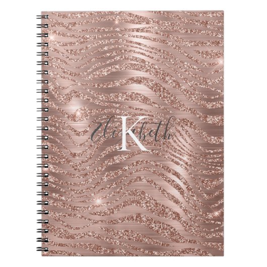 Carnet Rose Gold Pailleté Impression Animaux Nom Monogram (Devant)