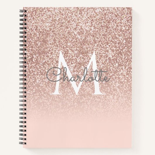 Carnet Rose Gold Pailleté Rose Clair Monogramme Élégant (Devant)