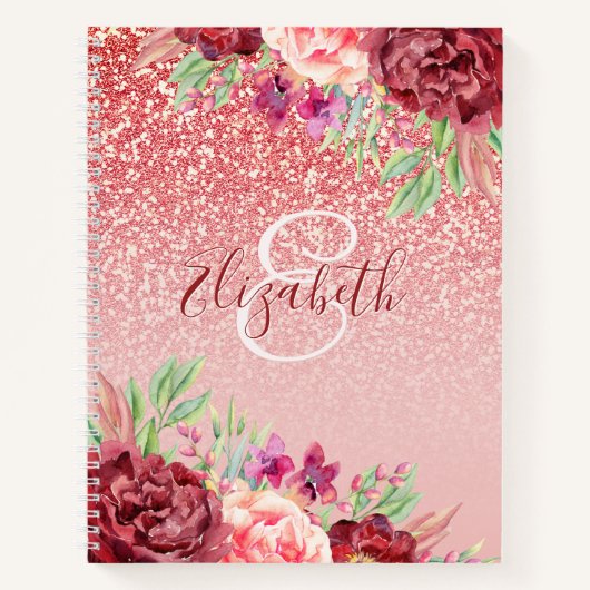 Carnet Rose Gold Parties scintillant Bourgogne Floral Per (Devant)