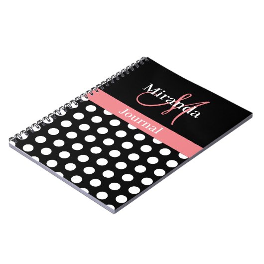 Carnet Rose noir blanc Polka point Monogramme (Côté gauche)